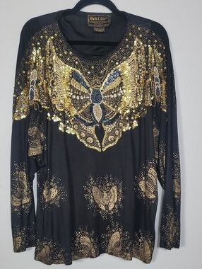 Vintage Bali Chic Embellished Sequin Top One Size Boho Glam Butterfly Black Gold